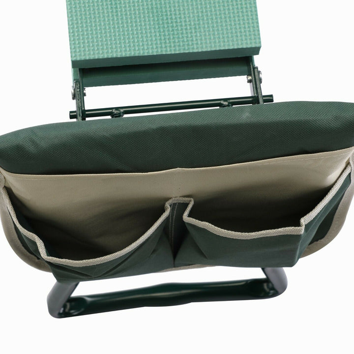 Versatile garden seat and kneeler with green padded foam, steel frame, and side pockets, ideal for gardening comfort.