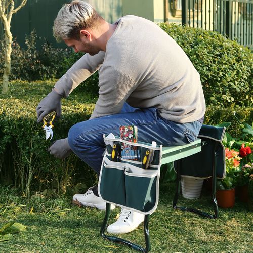 Versatile garden seat and kneeler with green padded foam, steel frame, and side pockets, ideal for gardening comfort.