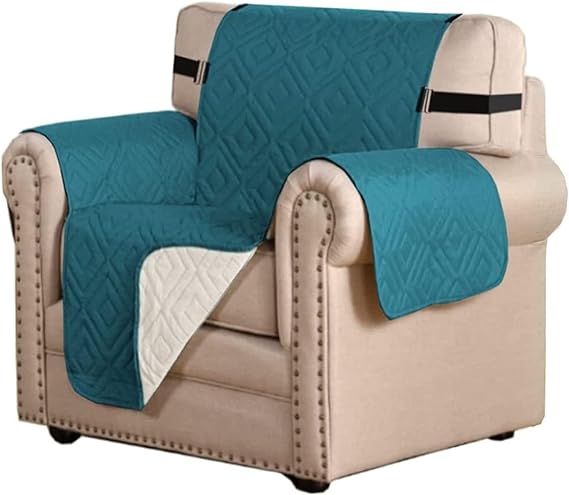 "Water-repellent non-slip reversible sofa cover protecting couch from spills and stains with pet sitting on it"