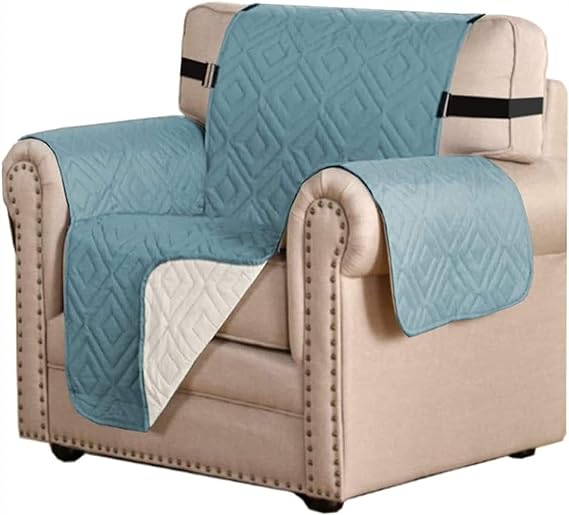 "Water-repellent non-slip reversible sofa cover protecting couch from spills and stains with pet sitting on it"