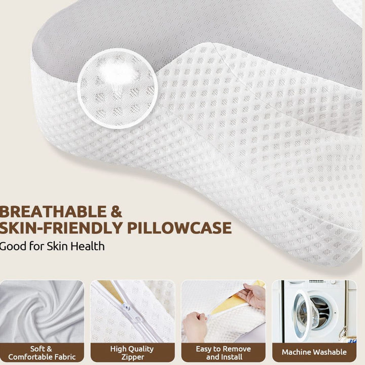 "White memory foam neck & shoulder relief pillow with ergonomic design, promoting comfort and pain relief for all sleepers."