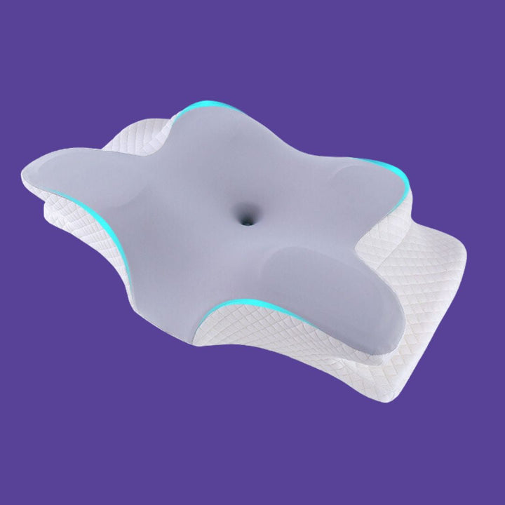 "White memory foam neck & shoulder relief pillow with ergonomic design, promoting comfort and pain relief for all sleepers."