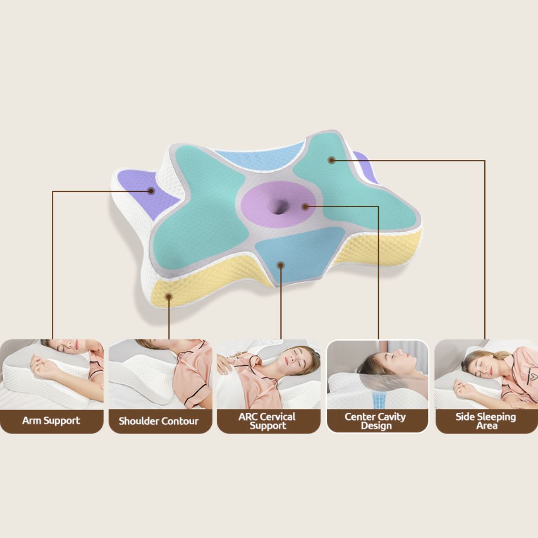 "White memory foam neck & shoulder relief pillow with ergonomic design, promoting comfort and pain relief for all sleepers."