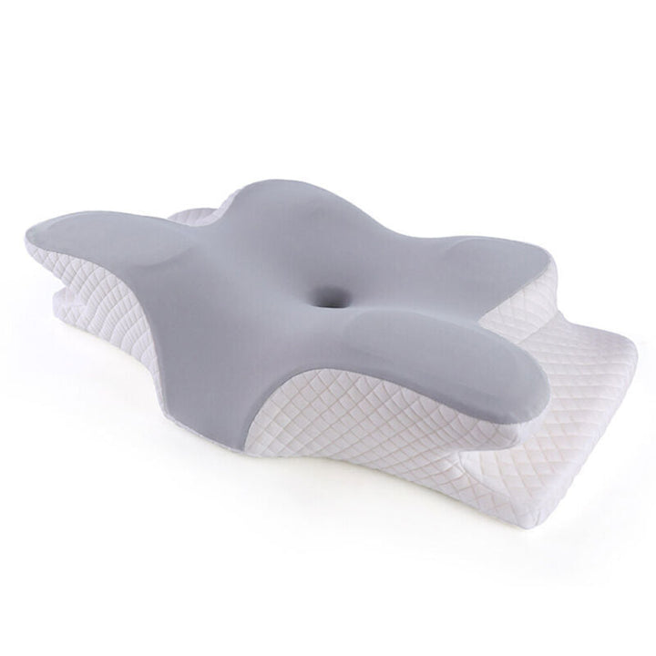 "White memory foam neck & shoulder relief pillow with ergonomic design, promoting comfort and pain relief for all sleepers."