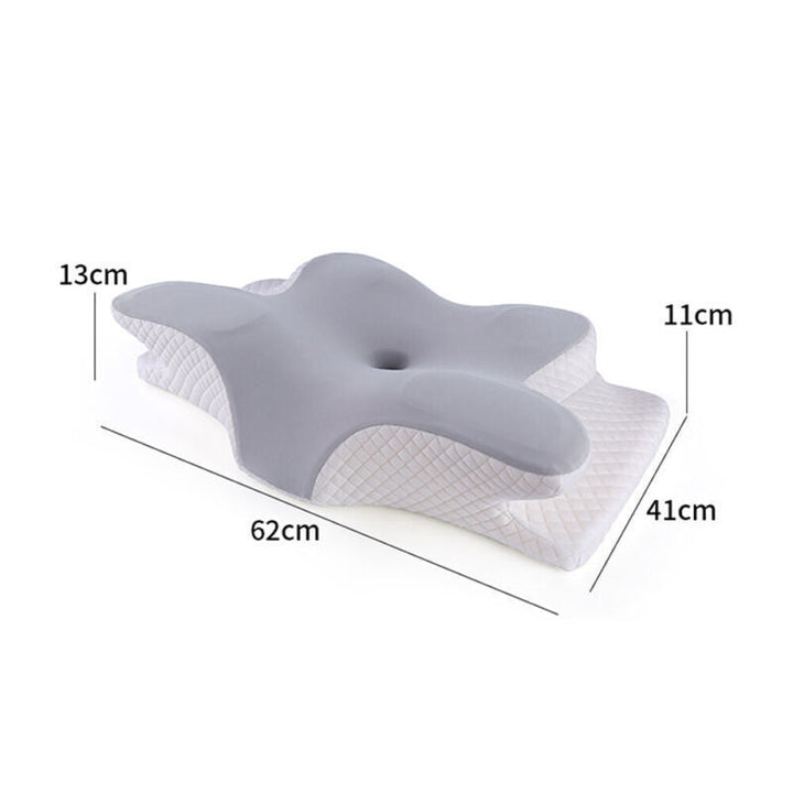 "White memory foam neck & shoulder relief pillow with ergonomic design, promoting comfort and pain relief for all sleepers."