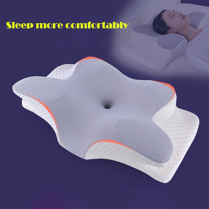 "White memory foam neck & shoulder relief pillow with ergonomic design, promoting comfort and pain relief for all sleepers."
