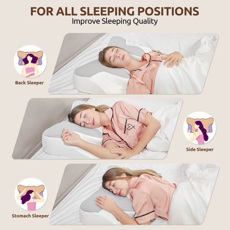 "White memory foam neck & shoulder relief pillow with ergonomic design, promoting comfort and pain relief for all sleepers."