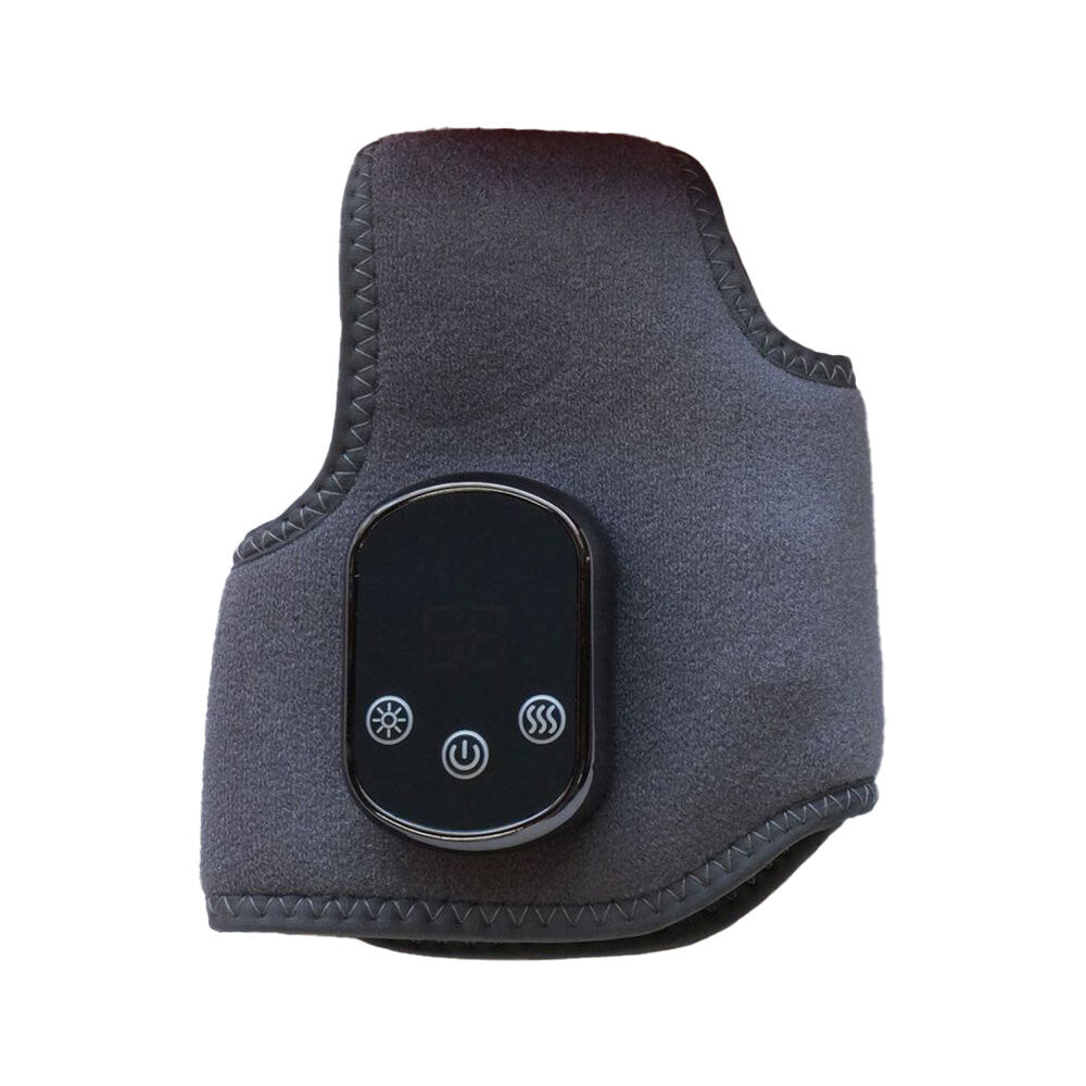"Wireless electric foot and ankle wrap with heat, compression, and vibration for pain relief, shown in grey."
