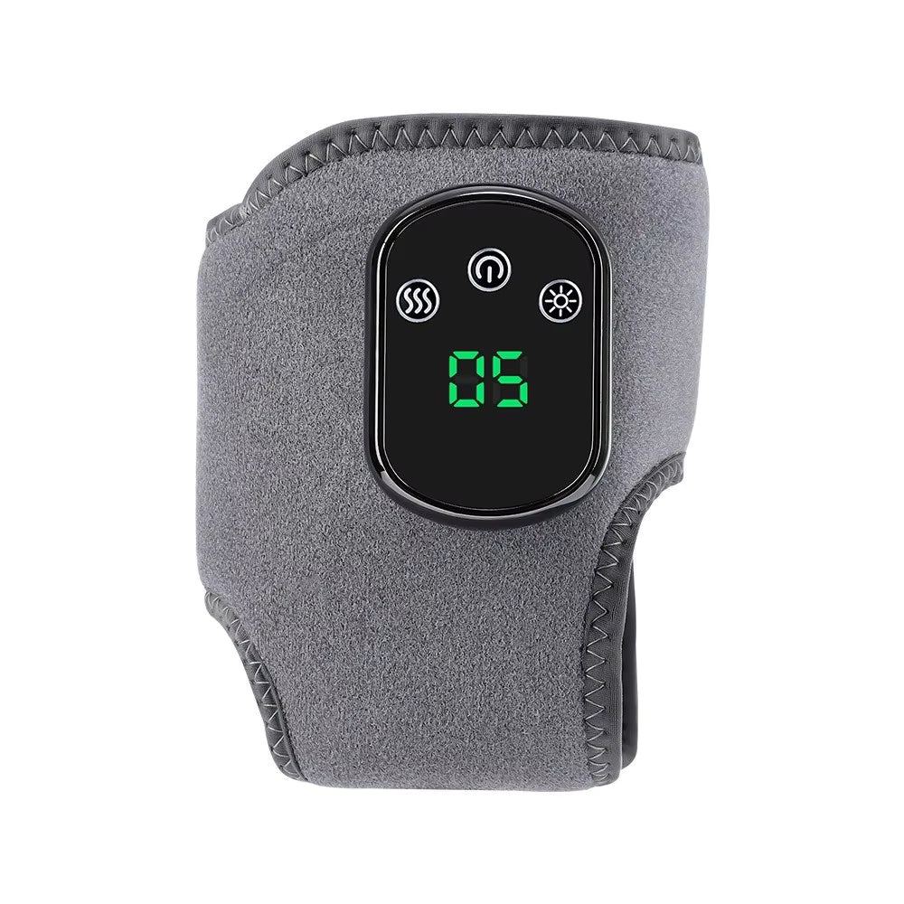 "Wireless electric foot and ankle wrap with heat, compression, and vibration for pain relief, shown in grey."