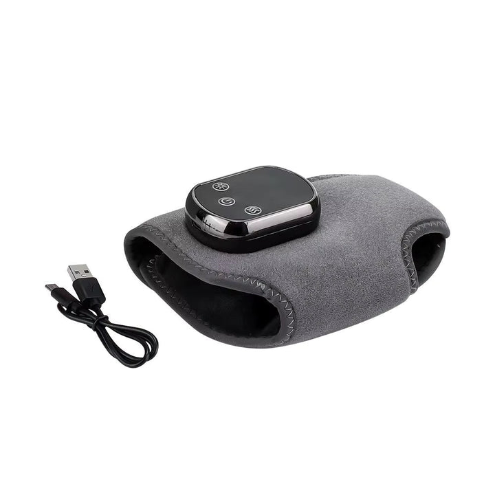 "Wireless electric foot and ankle wrap with heat, compression, and vibration for pain relief, shown in grey."