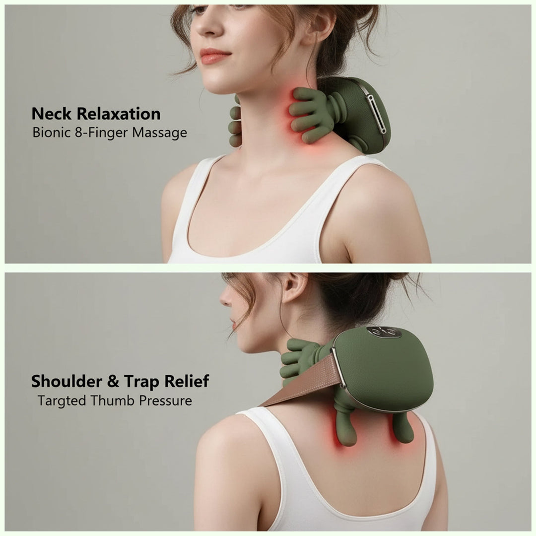 Wireless heated neck massager with 4D kneading, sleek pillow design; provides targeted neck and shoulder pain relief.