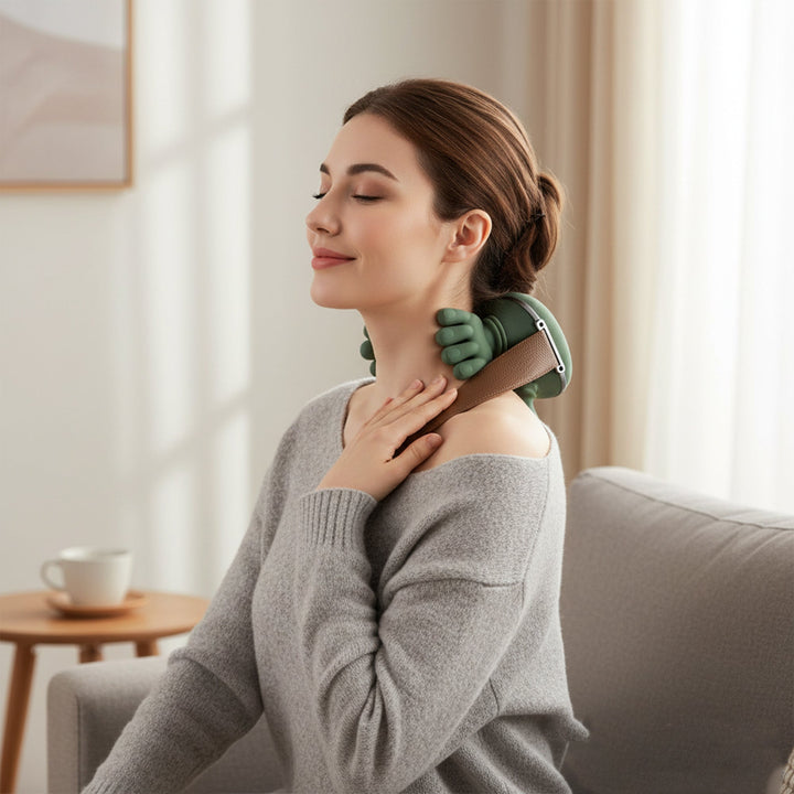 Wireless heated neck massager with 4D kneading, sleek pillow design; provides targeted neck and shoulder pain relief.
