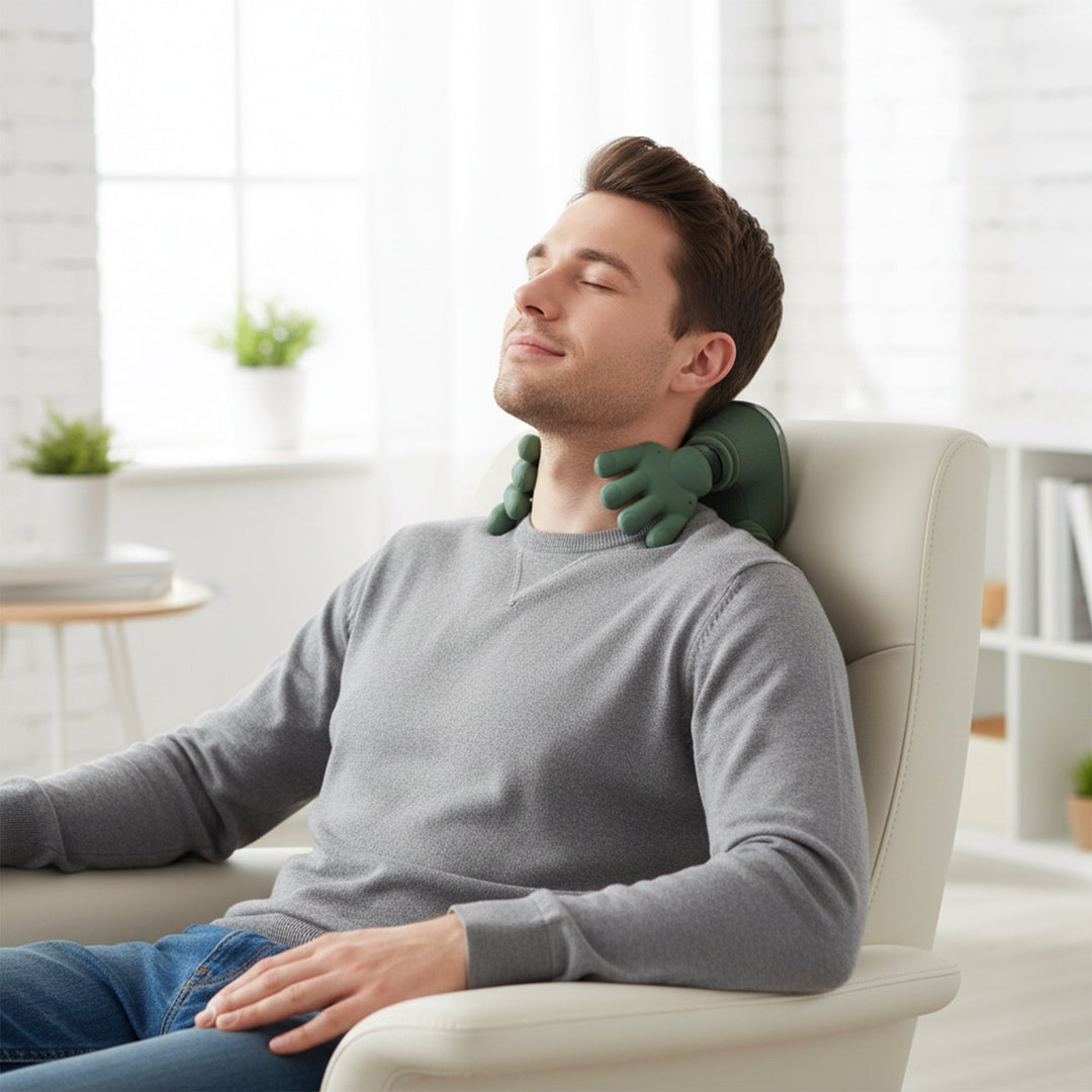 Wireless heated neck massager with 4D kneading, sleek pillow design; provides targeted neck and shoulder pain relief.