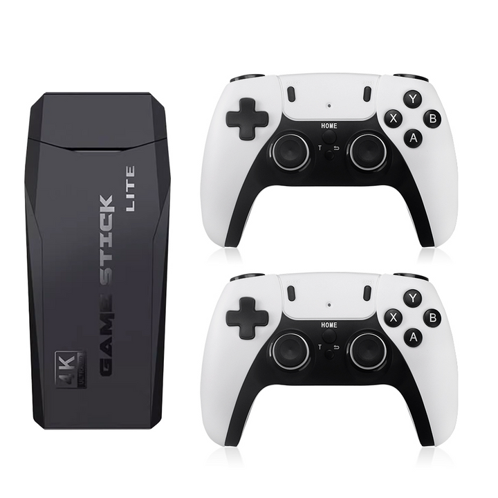 "Wireless retro gaming console with 4K HDMI, featuring compact design and joystick for 40,000+ classic games."
