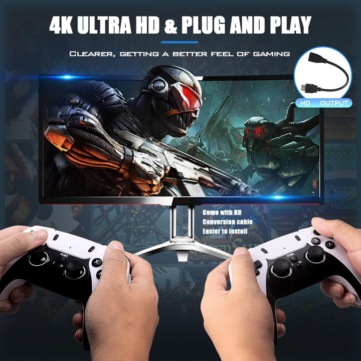 "Wireless retro gaming console with 4K HDMI, featuring compact design and joystick for 40,000+ classic games."