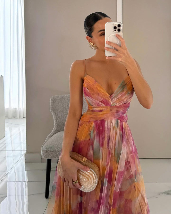 "Women's Dreamy Chic Maxi Dress, green and orange flowing layers, elegant silhouette, perfect for formal occasions and events