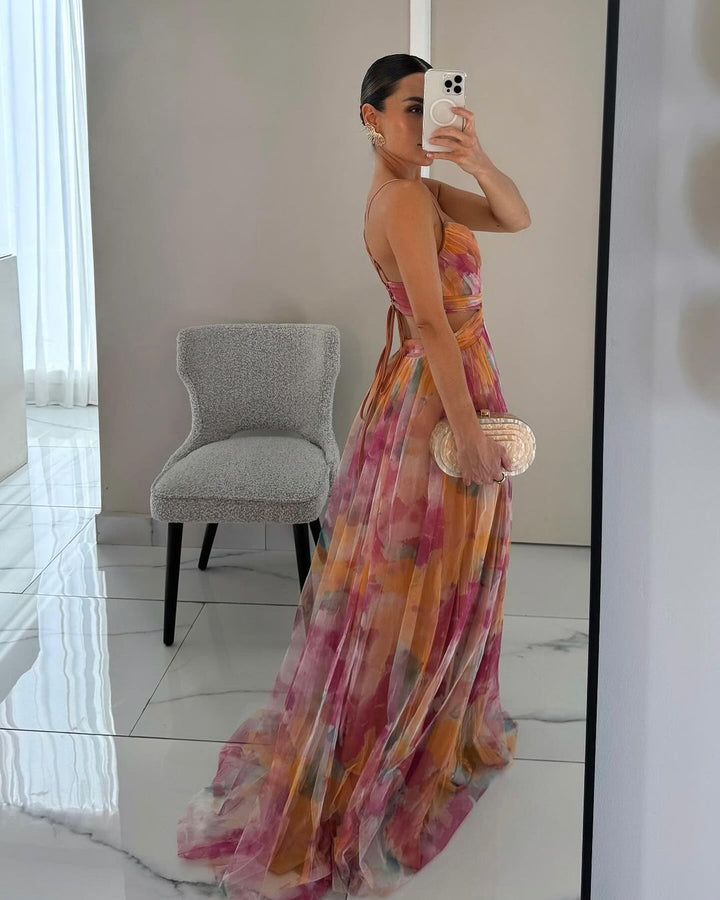 "Women's Dreamy Chic Maxi Dress, green and orange flowing layers, elegant silhouette, perfect for formal occasions and events