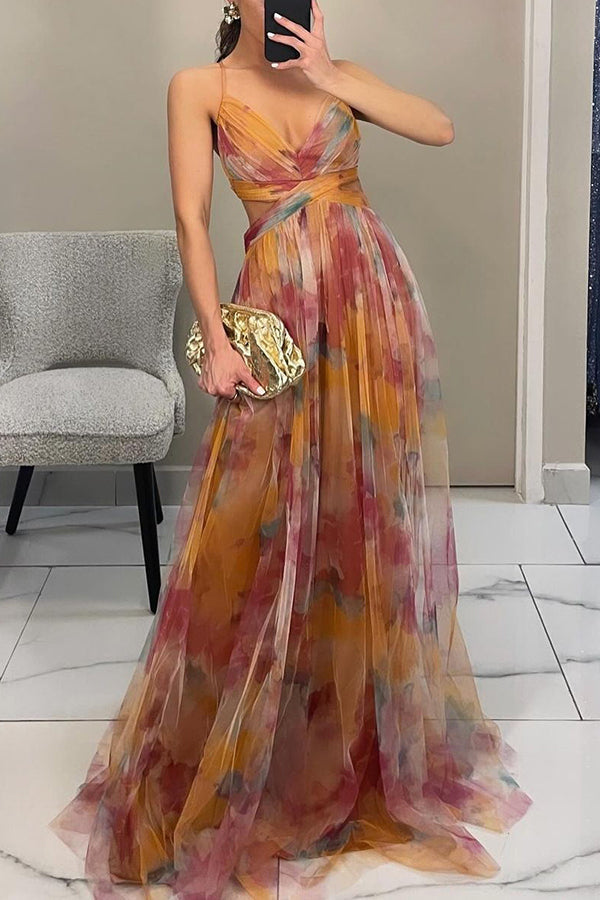 "Women's Dreamy Chic Maxi Dress, green and orange flowing layers, elegant silhouette, perfect for formal occasions and events