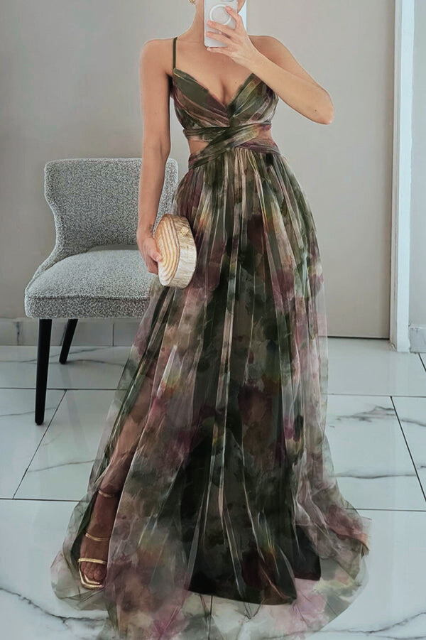 "Women's Dreamy Chic Maxi Dress, green and orange flowing layers, elegant silhouette, perfect for formal occasions and events