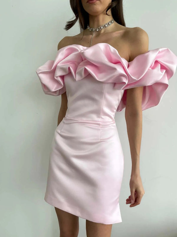 Women's Ruffled Neck Off-Shoulder Mini Dress, elegant silhouette, vibrant colors, perfect for special occasions and parties.