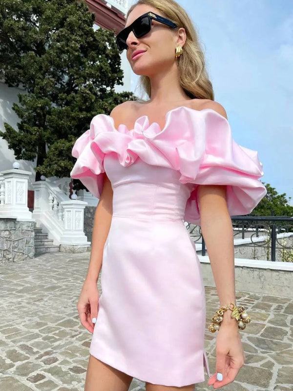 Women's Ruffled Neck Off-Shoulder Mini Dress, elegant silhouette, vibrant colors, perfect for special occasions and parties.