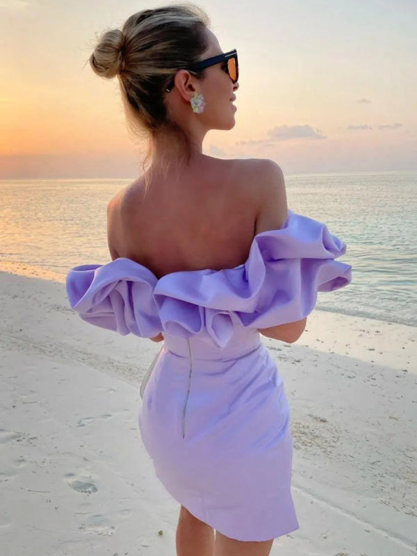 Women's Ruffled Neck Off-Shoulder Mini Dress, elegant silhouette, vibrant colors, perfect for special occasions and parties.