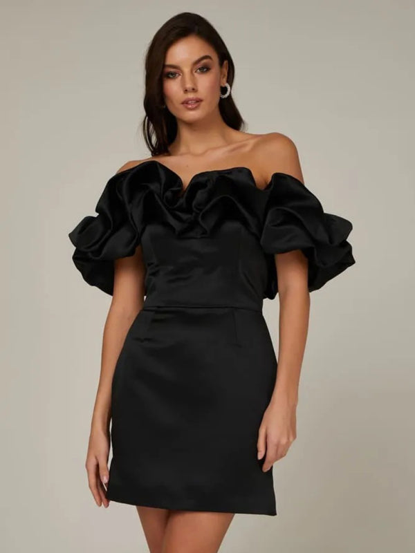 Women's Ruffled Neck Off-Shoulder Mini Dress, elegant silhouette, vibrant colors, perfect for special occasions and parties.