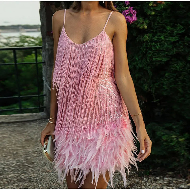 Women's Sequin Feather Mini Dress with elegant trim, bold sequins, feather detail, for standout occasions, available in multi