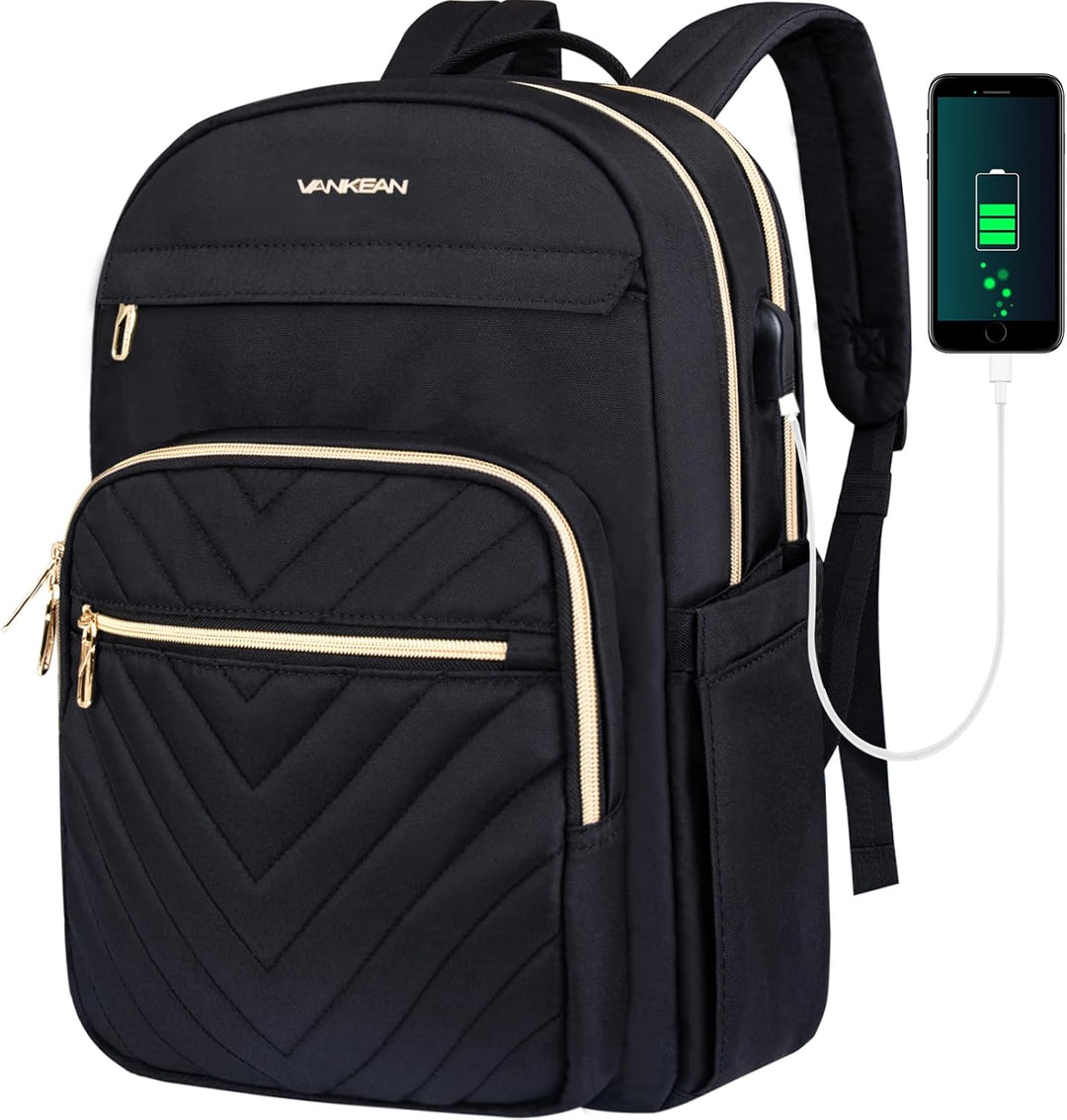 Women's Waterproof Tech Backpack in Black with USB port, sleek design, padded laptop compartment, water-repellent exterior.