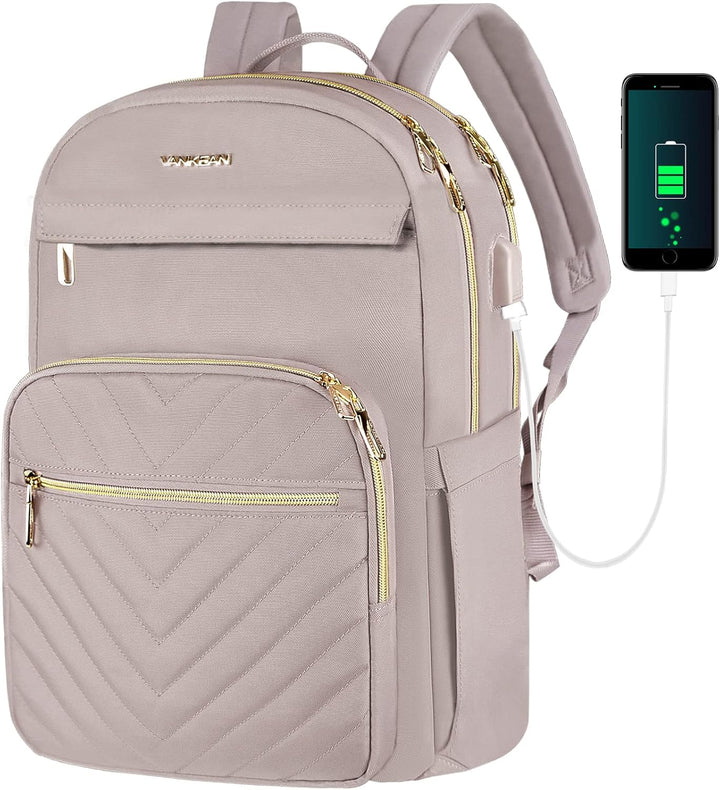Women's Waterproof Tech Backpack in Black with USB port, sleek design, padded laptop compartment, water-repellent exterior.