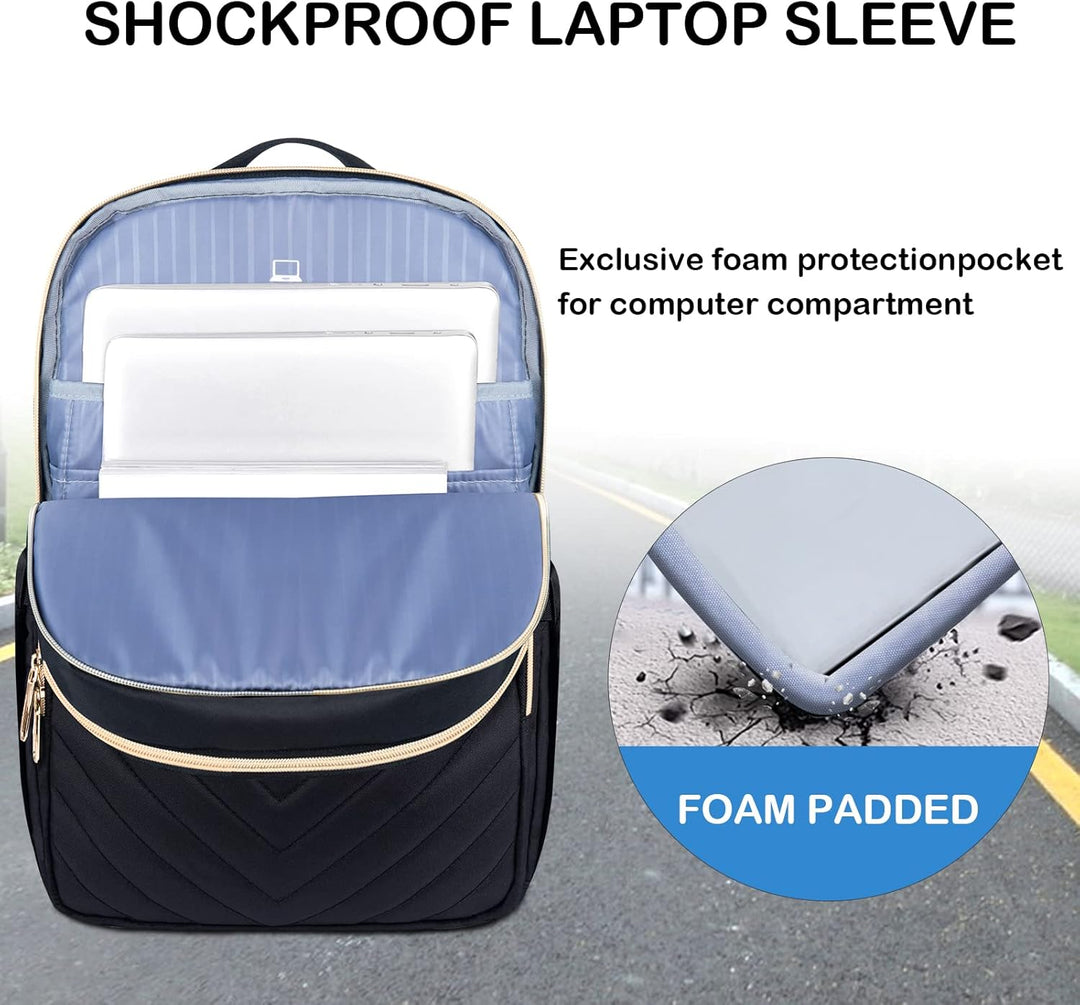 Women's Waterproof Tech Backpack in Black with USB port, sleek design, padded laptop compartment, water-repellent exterior.