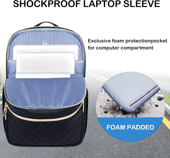Women's Waterproof Tech Backpack in Black with USB port, sleek design, padded laptop compartment, water-repellent exterior.