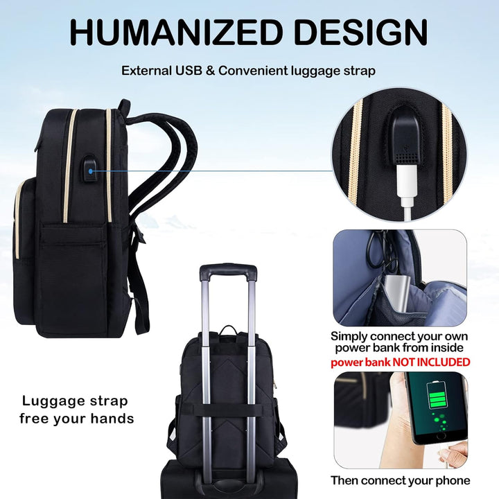 Women's Waterproof Tech Backpack in Black with USB port, sleek design, padded laptop compartment, water-repellent exterior.