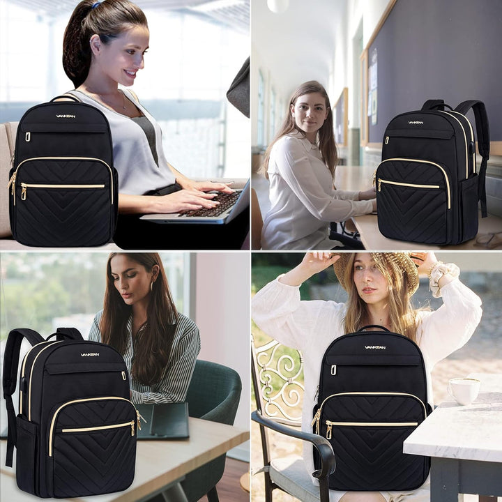 Women's Waterproof Tech Backpack in Black with USB port, sleek design, padded laptop compartment, water-repellent exterior.