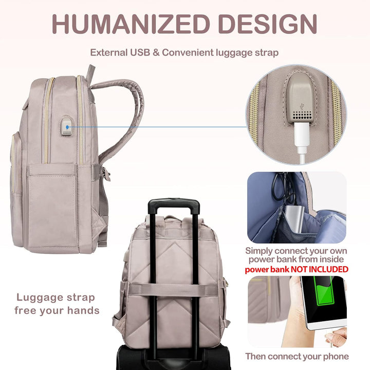 Women's Waterproof Tech Backpack in Black with USB port, sleek design, padded laptop compartment, water-repellent exterior.