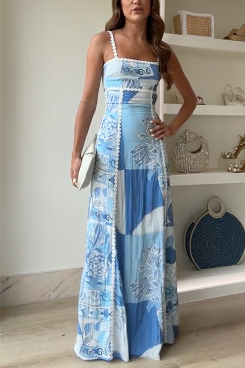 Women's bow back maxi dress with bold print, open back with bow detail, and ric rac straps in a light blue hue for sunny days