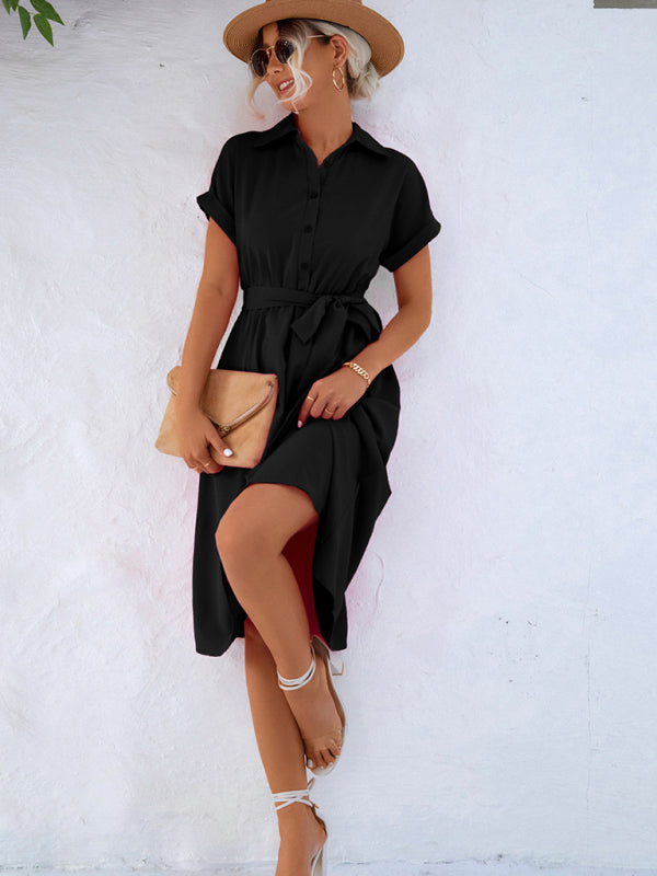 Women's button-up shirt dress with waist tie, featuring a collared neckline in black, navy blue, and pink for versatile style