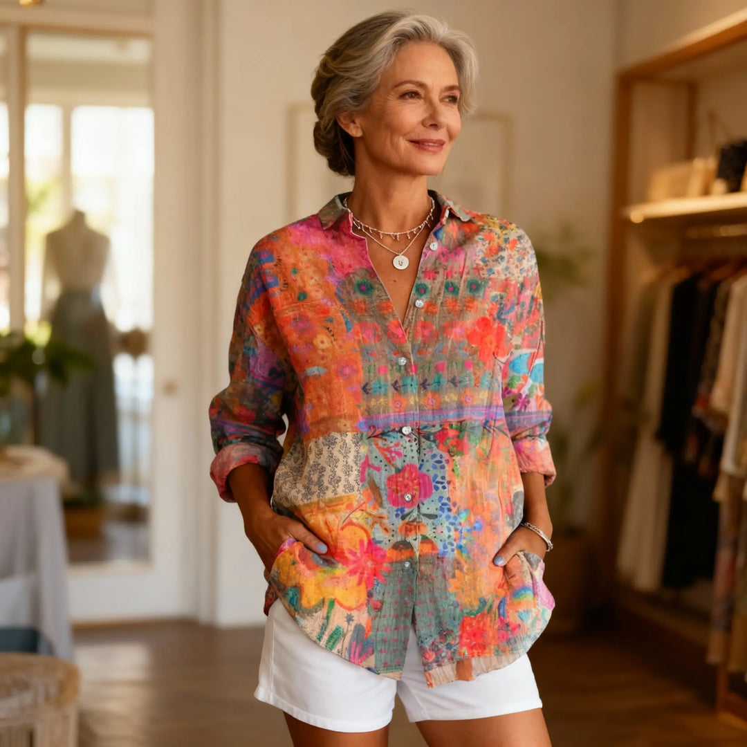 Women's classic cotton shirt with buttons; breathable, lightweight, perfect for summer, showcasing timeless style.