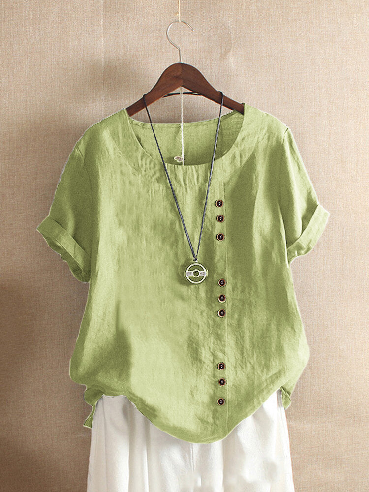 Women's cotton-linen crew neck T-shirt, front view, lightweight, breathable fabric, classic design, subtle button detailing.