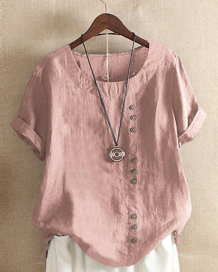 Women's cotton-linen crew neck T-shirt, front view, lightweight, breathable fabric, classic design, subtle button detailing.