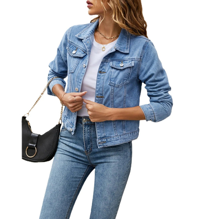 "Women's denim jacket with button front, practical pockets, flattering cut, styled for versatile casual or chic looks."