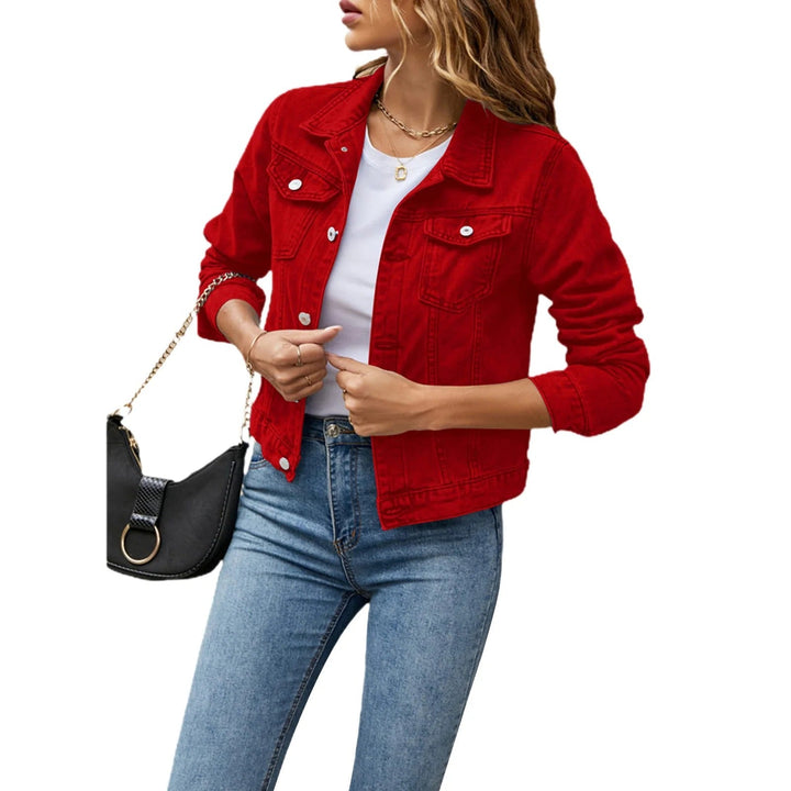 "Women's denim jacket with button front, practical pockets, flattering cut, styled for versatile casual or chic looks."