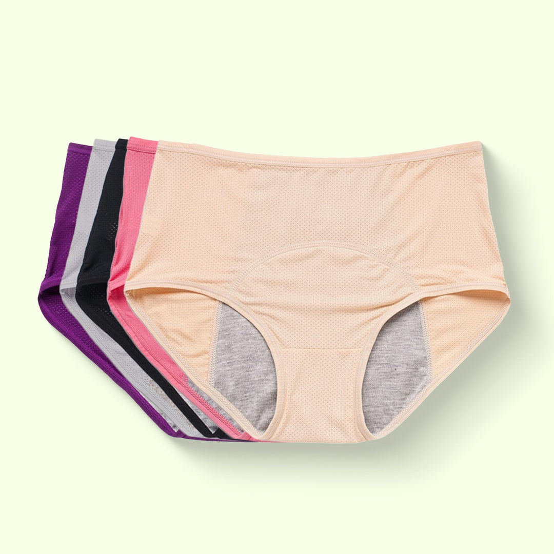 "Women's leakproof high waisted panties, black, seamless, offers incontinence protection with a slim, snug fit."