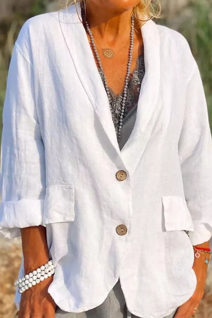 Women's light linen blazer with buttons, V-neck, and long sleeves; shown in white. Perfect for versatile, chic style.