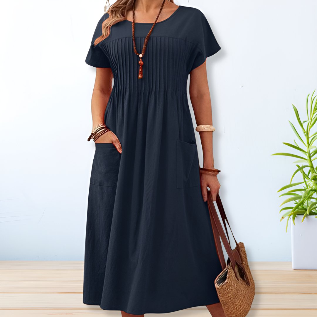 "Women's linen cotton summer dress, relaxed fit with pockets, short sleeves, mid-length, beige color, breathable fabric."