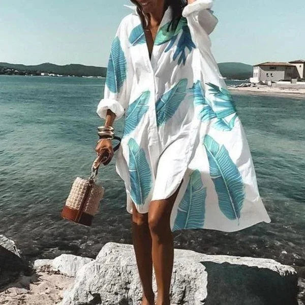 Women's long sleeve beach cover-up highlights lightweight fabric, button-down front, and stylish patterns for sun protection.