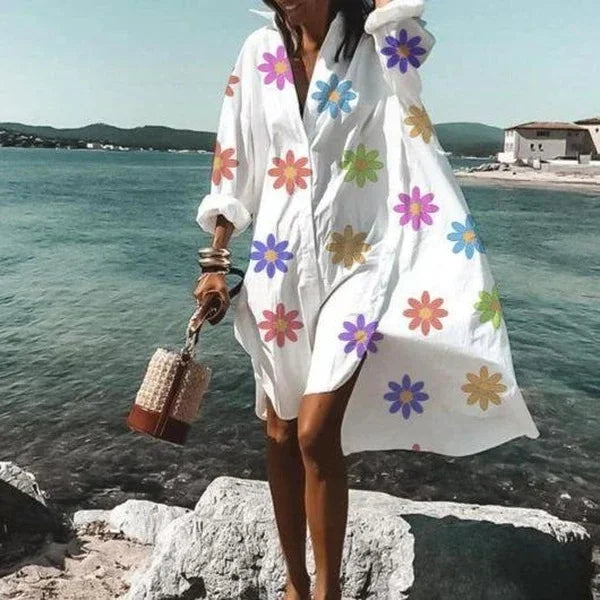 Women's long sleeve beach cover-up highlights lightweight fabric, button-down front, and stylish patterns for sun protection.