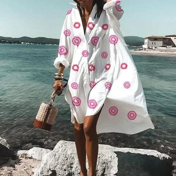 Women's long sleeve beach cover-up highlights lightweight fabric, button-down front, and stylish patterns for sun protection.