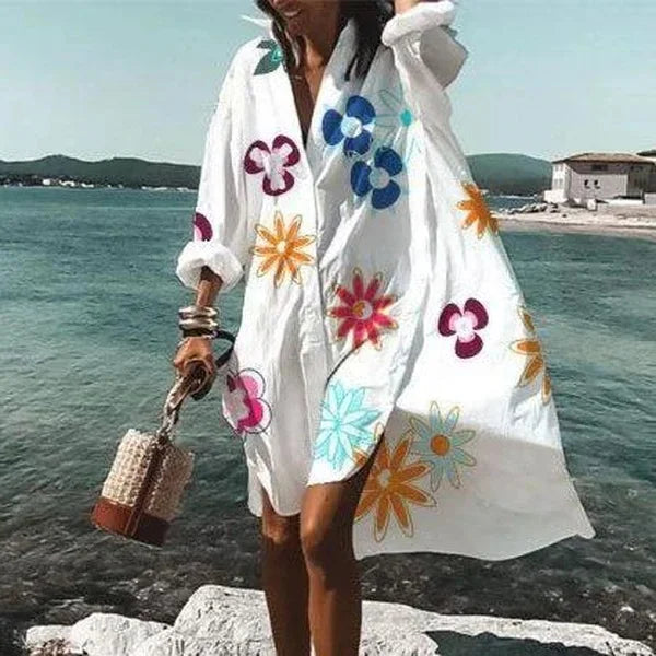 Women's long sleeve beach cover-up highlights lightweight fabric, button-down front, and stylish patterns for sun protection.