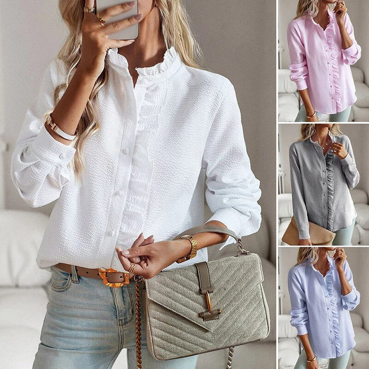 "Women's luxurious polo blouse, soft fabric with a classic button placket and tailored hem, perfect for elegant daily wear."